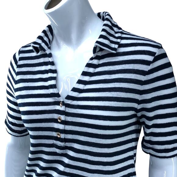 Chicos Womens Size 0 US 4 Small Polo Shirt Blue White Stripe Nautical 100% Linen - Picture 2 of 16